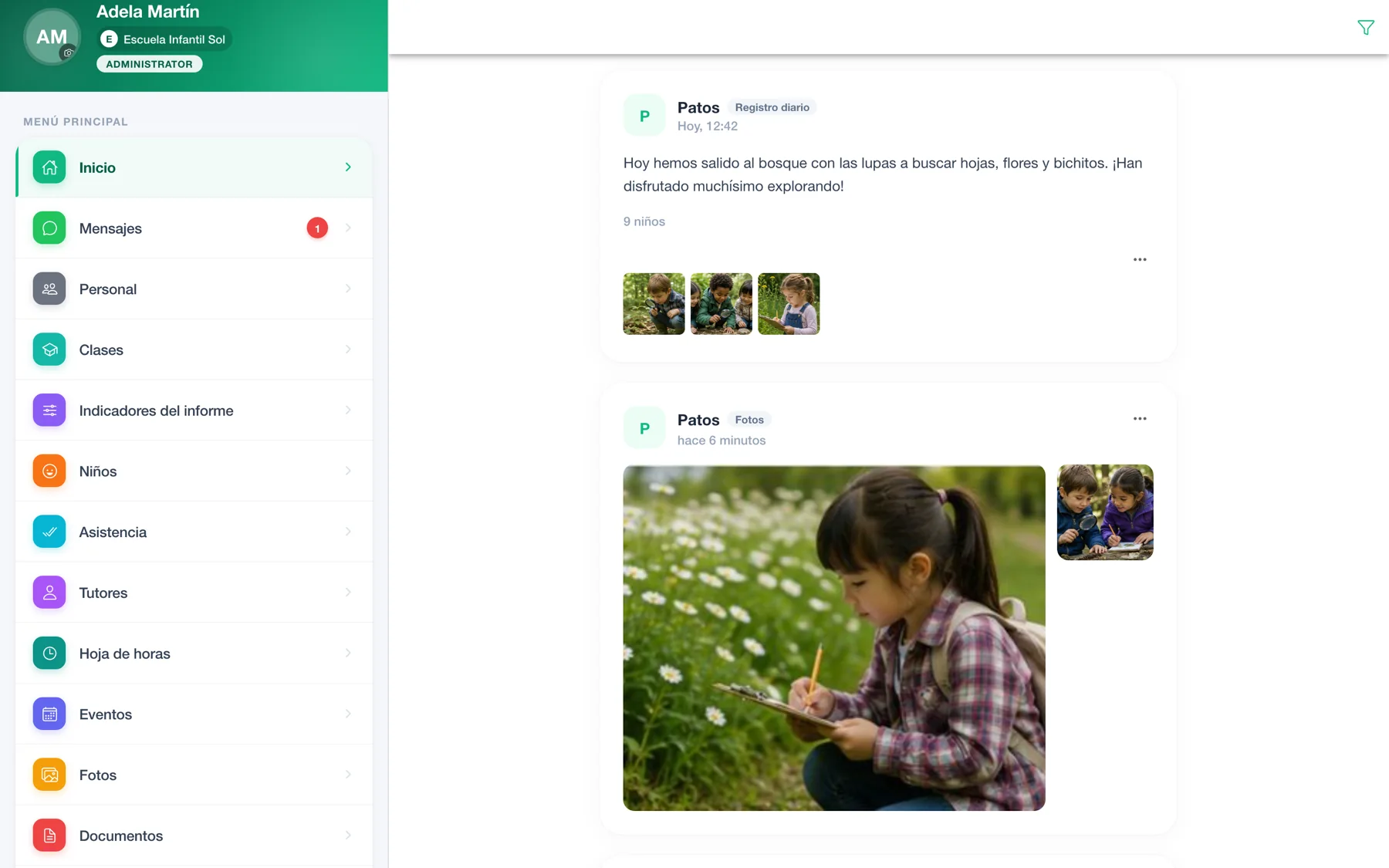 Management web dashboard: menu with messages, staff, classrooms, children, attendance, events and documents