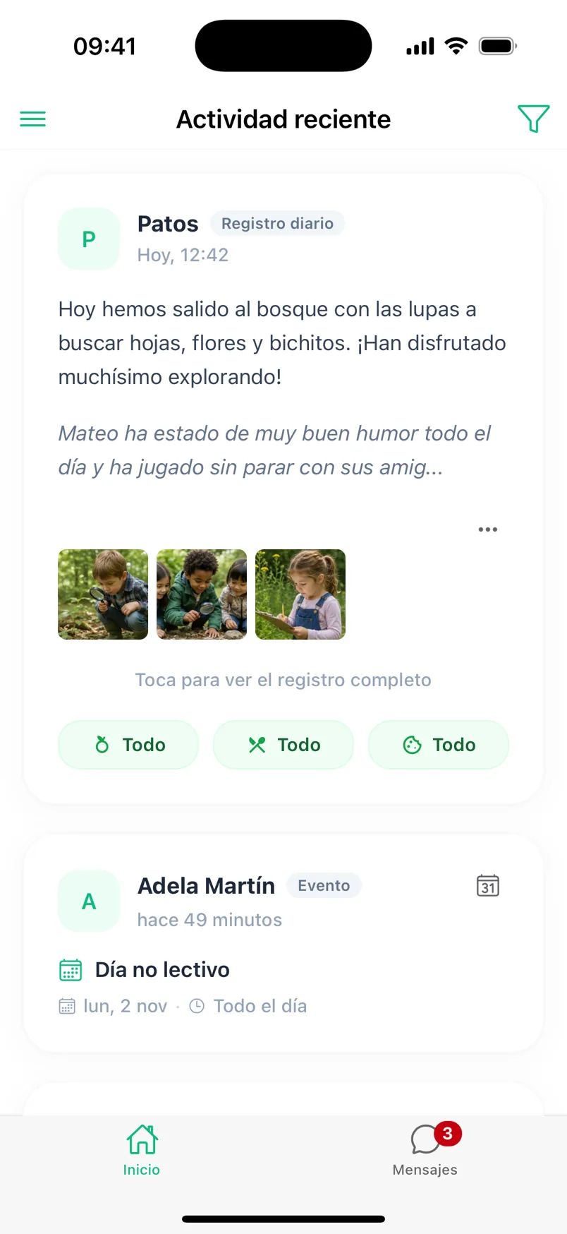 Family home screen: recent activity with the daily report and events