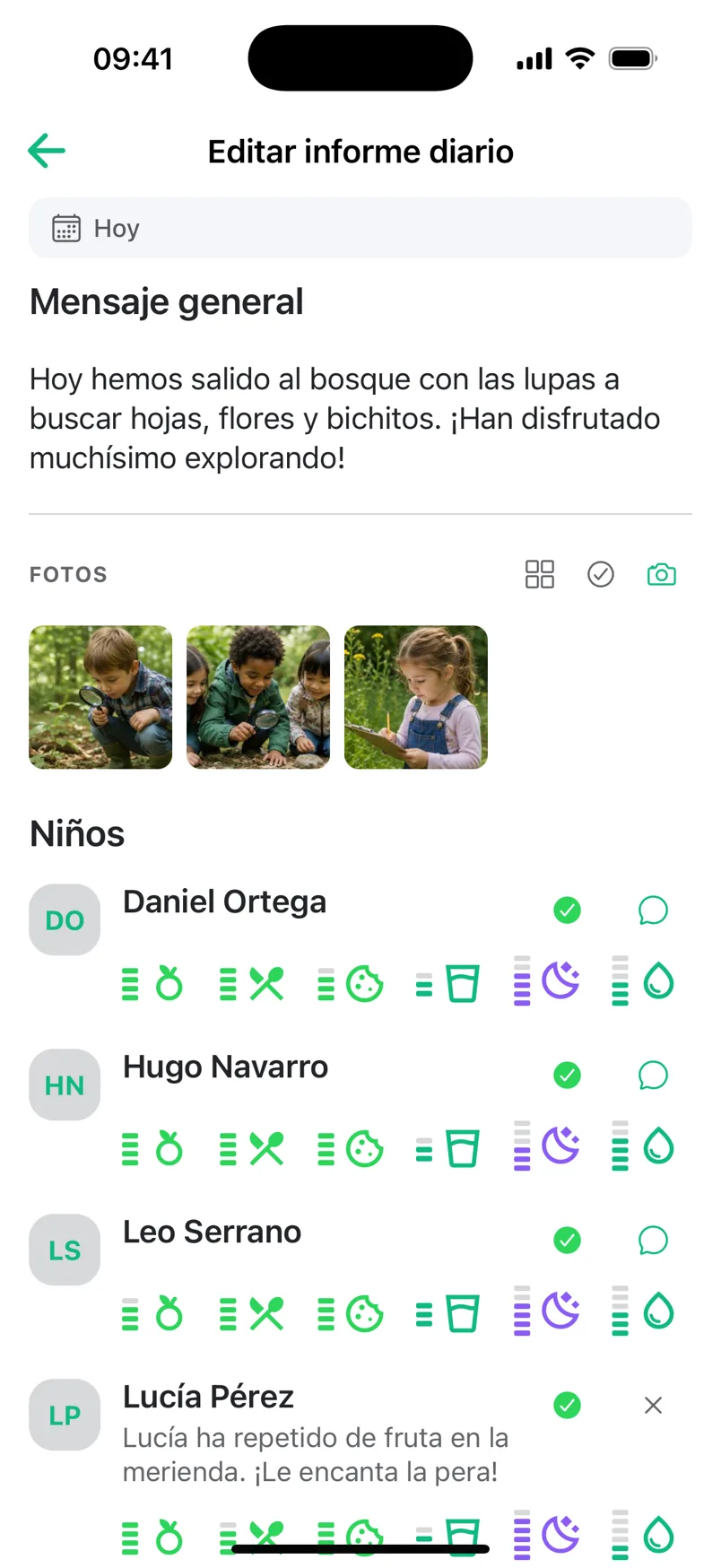 Teacher’s screen: general message, photos and the list of children with indicators